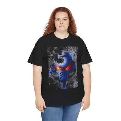 A plus-sized model presenting a black graphic t-shirt featuring a bold blue helmet design with fiery red eyes, representing a blend of comfort and trendy aesthetics.