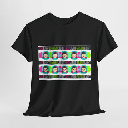 Elegant black graphic cotton t-shirt featuring a vibrant design inspired by Squid Game, showcasing multiple playful faces along with the words 'RED LIGHT GREEN LIGHT'. Ideal for both men and women, this stylish tee blends humour and fashion, perfect for urban streetwear enthusiasts.