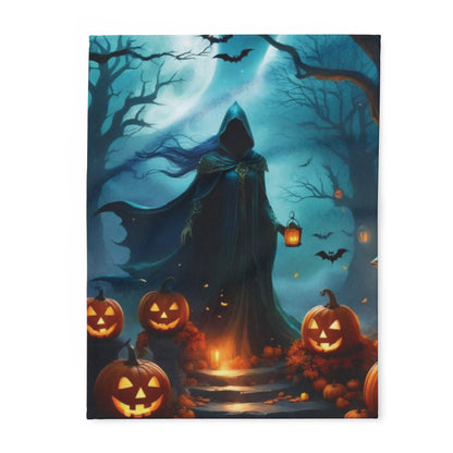 Luxurious Decorative and Warm Halloween Spooky Arctic Fleece Blanket featuring an enchanting scene of a hooded figure holding a lantern surrounded by carved pumpkins and a mystical night sky, perfect for festive decor this Halloween season.