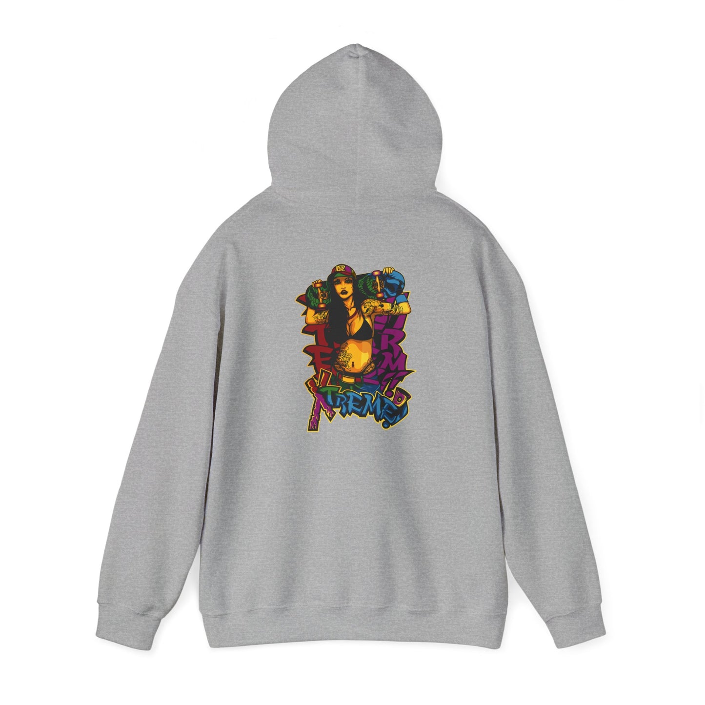 Sophisticated rear view of a grey hoodie featuring a vibrant skateboarder graphic, merging artistry and fashion for a unique streetwear ensemble.