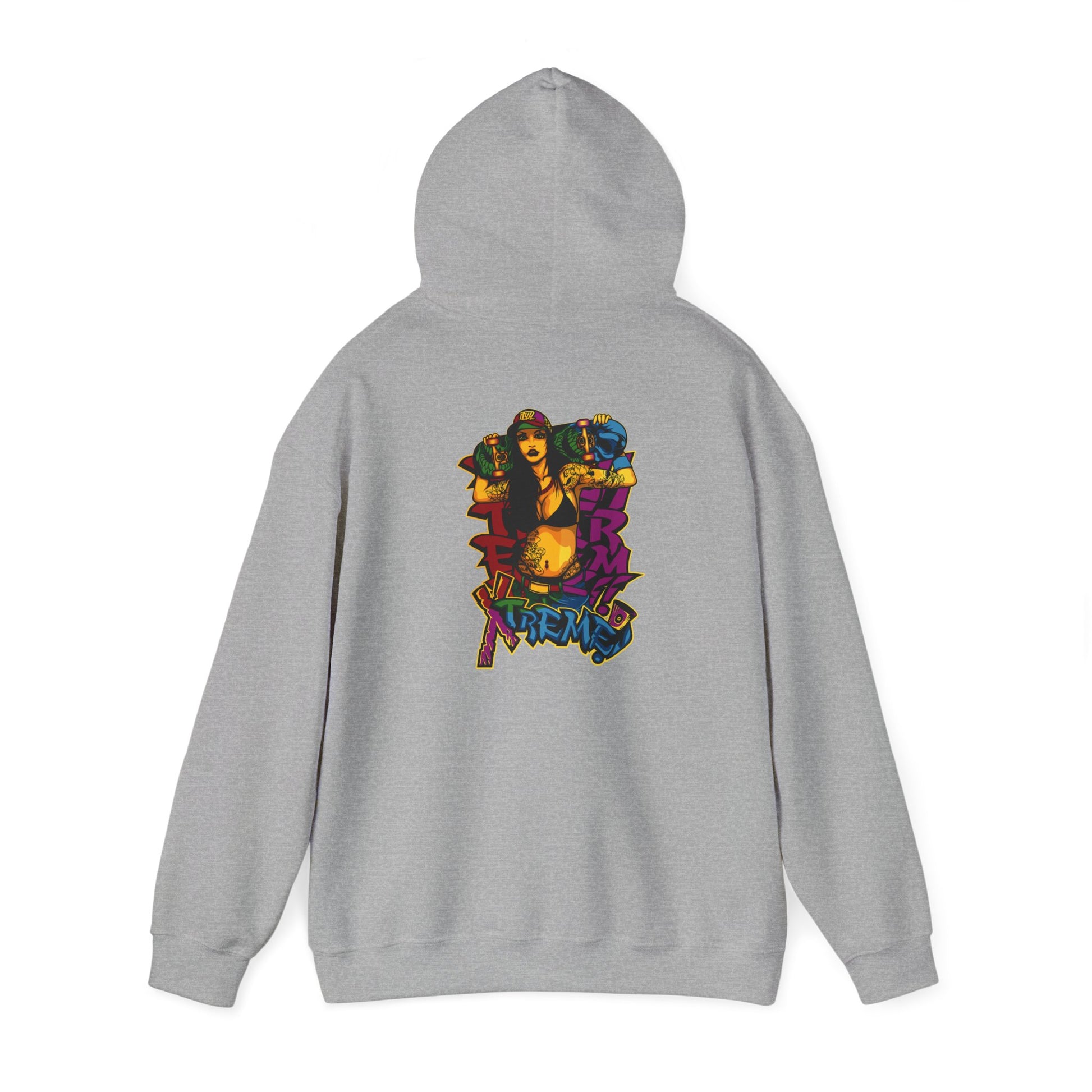 Sophisticated rear view of a grey hoodie featuring a vibrant skateboarder graphic, merging artistry and fashion for a unique streetwear ensemble.