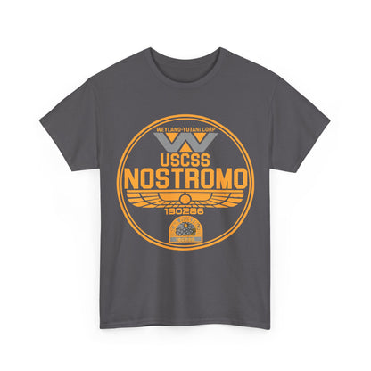 Front view of the USCSS Nostromo Graphic Unisex Tee Shirt featuring an iconic logo design, perfect for fans of the film Alien.