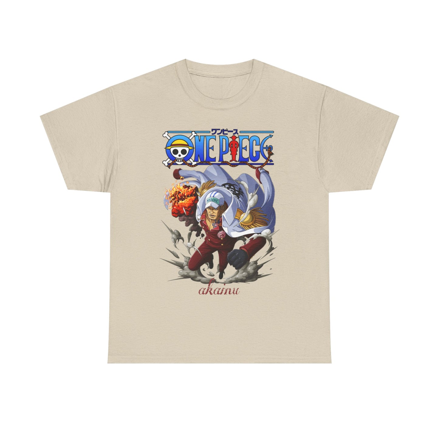 Chic beige One Piece Akainu t-shirt adorned with a captivating graphic of Akainu, complete with stunning colours and dynamic visual effects, ideal for showcasing your love for the series.