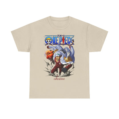 Chic beige One Piece Akainu t-shirt adorned with a captivating graphic of Akainu, complete with stunning colours and dynamic visual effects, ideal for showcasing your love for the series.