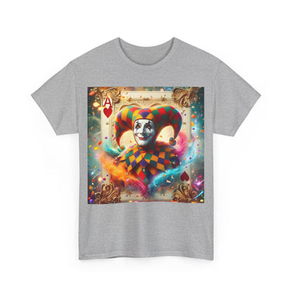 Front view of the Harlequin Playing Card Graphic Tee in grey, featuring a playful jester design that combines vintage elegance and modern streetwear aesthetics.