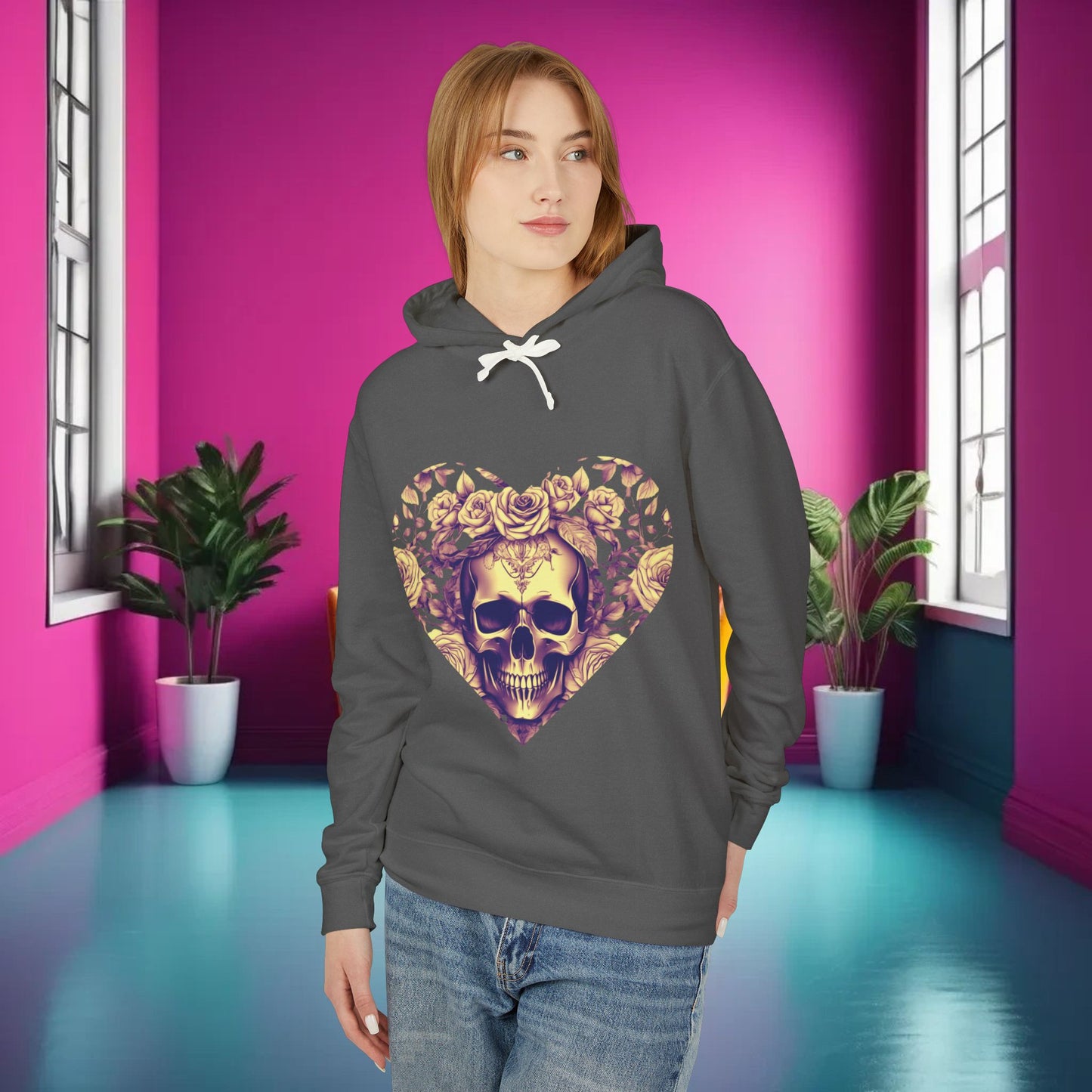 Skull and Roses Lightweight Hoodie, Unisex Edgy Designer Sweatshirt, Hipster