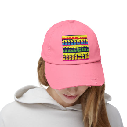 Unisex Distressed Paddleboarders Cap in elegant pink, featuring a vibrant paddleboarding scene on the front panel, perfect for stylish sun protection during outdoor adventures.