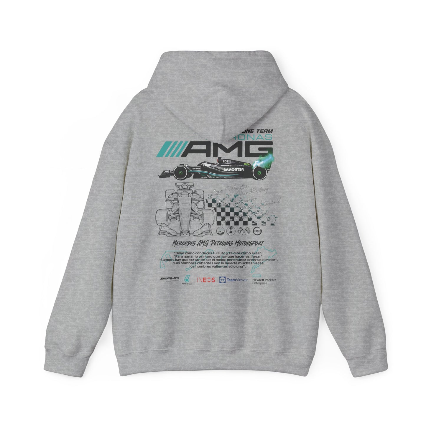 Chic grey hoodie displaying the Mercedes AMG Petronas F1 Racing Team design, featuring a striking racing car illustration, team logos, and motivational messages, a must-have for motorsport aficionados.