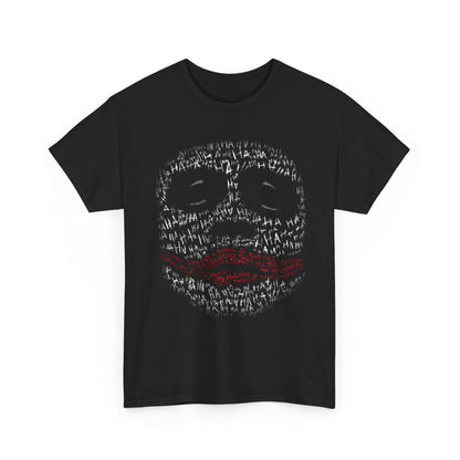 Chic black t-shirt adorned with a captivating graphic of a whimsical smirk, featuring bold red phrases and a creative twist, tailored for the discerning fashion aficionado.