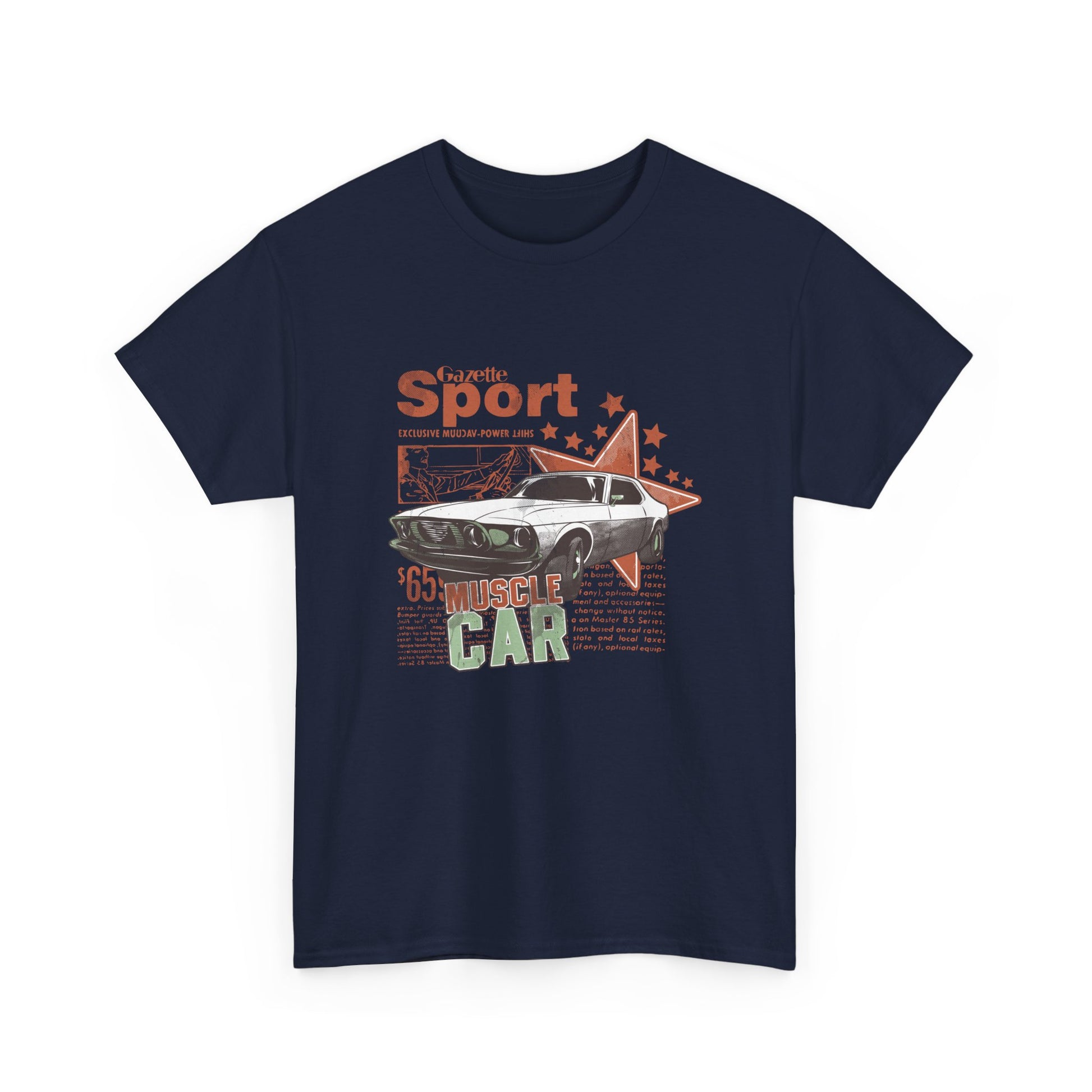 Front view of a sophisticated dark navy retro muscle car graphic tee, featuring vintage car art and sharp typography, tailored for discerning car lovers.