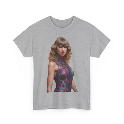 Swifties psychedelic Taylor Swift Heavy Cotton Tee in grey featuring a vibrant psychedelic image of Taylor Swift.