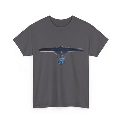 Front view of the USS Enterprise Star Trek Graphic Unisex T Shirt Tee in dark gray, prominently displaying the iconic starship for a sophisticated look.