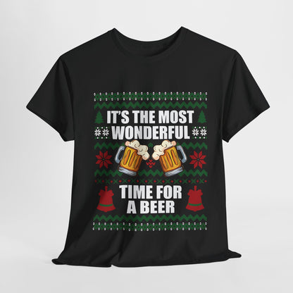 Luxurious black Christmas Xmas Beer Graphic T-Shirt featuring festive design with the phrase 'It's the Most Wonderful Time for a Beer' surrounded by Christmas motifs and beer mugs, perfect for celebrating the holiday season in style.