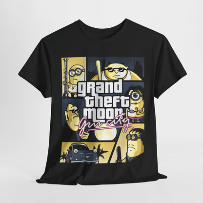Minions Grand Theft Auto Mashup Unisex Men's Women's Graphic T Shirt Tee featuring a vibrant design with cartoon characters, combining elements of Grand Theft Auto and Minions. Perfect for fans who enjoy funny, whimsical attire.