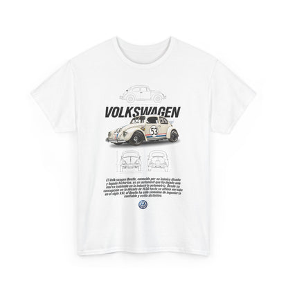Exquisite white Volkswagen Beetle T-shirt displaying Herbie's iconic design and technical details, tailored for discerning car lovers.