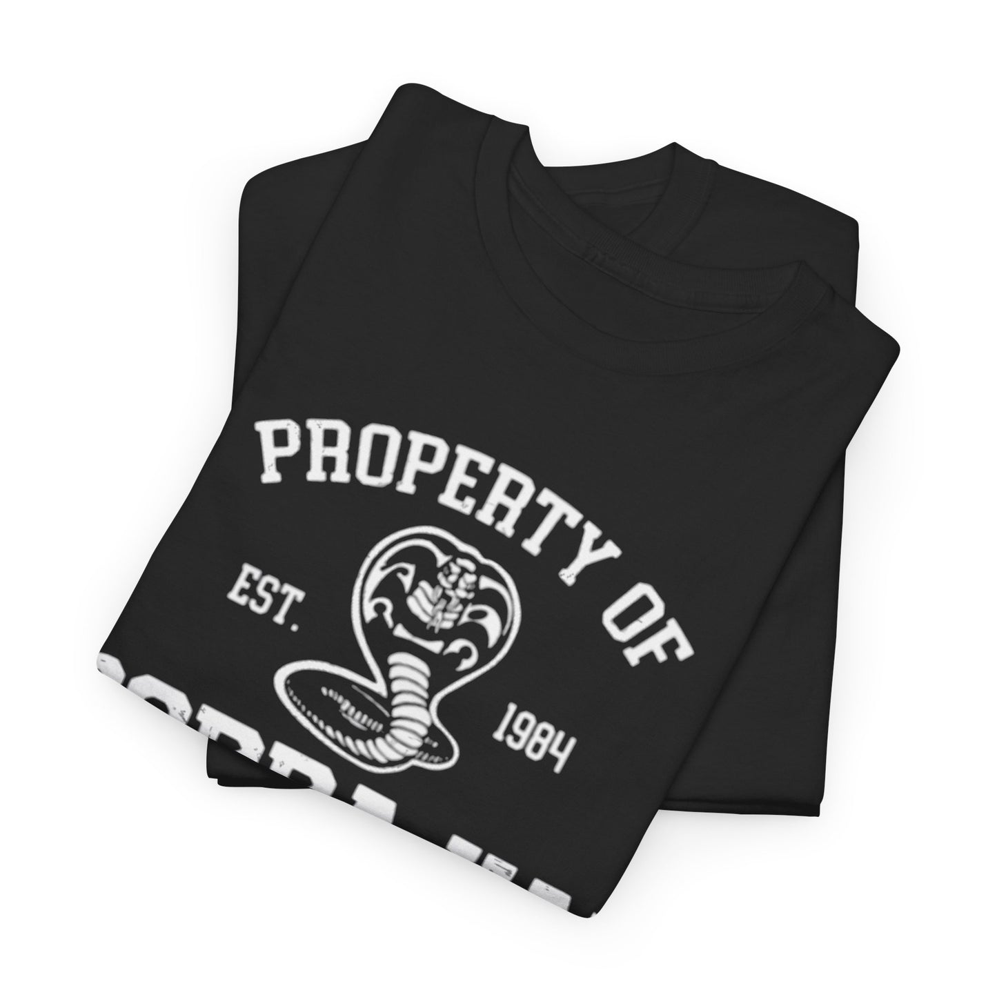Premium black graphic T-shirt design of Cobra Kai, folded neatly, displaying the iconic snake logo and 'Property of Cobra Kai', a fashionable choice for casual gatherings.