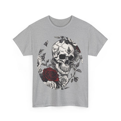 Skulls and Roses Cotton Tee showcasing a stunning steampunk design featuring intricately detailed skulls entwined with vibrant roses, perfect for alternative fashion.