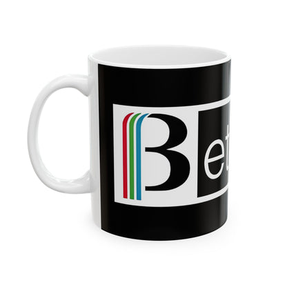 Betamax Logo Retro 11oz Ceramic Mug – A stylish vintage office beverage cup showcasing the iconic Betamax logo in vibrant colours, perfect for coffee aficionados.