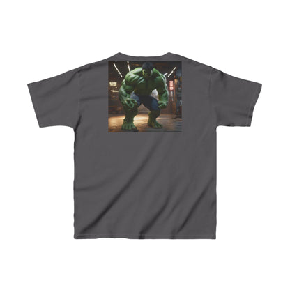 Kids Incredible Hulk Heavy Duty T-Shirt in rich charcoal grey featuring an impressive Hulk image printed on the back, designed for durability and everyday luxury.