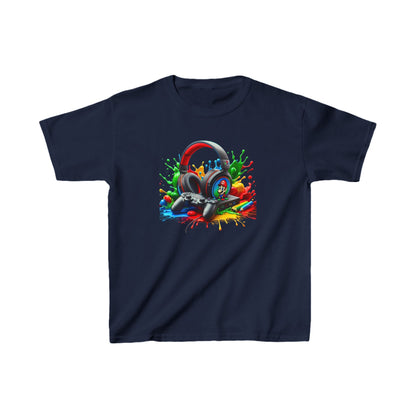 Unisex Children's Gaming Graphic Cotton Tee in Navy - Eye-catching gaming headset and controller illustration, designed for comfort and style.