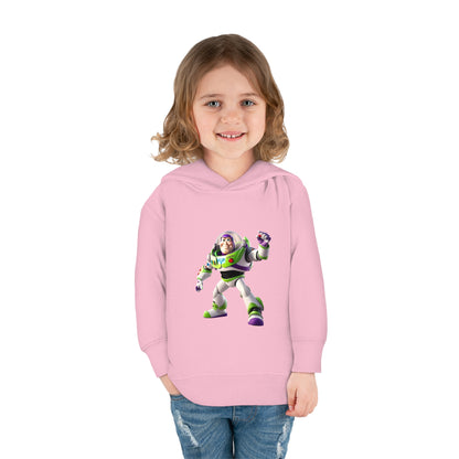 Young girl smiling in pink Buzz Lightyear Toy Story Hoodie, displaying vibrant Buzz Lightyear graphic, ideal for kids aged 2-5.