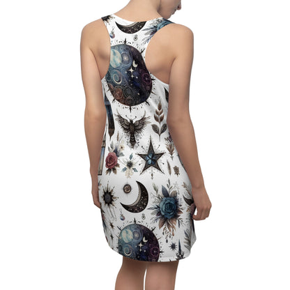 Back view of the Chic Women's Designer Racerback Dress showcasing artistic motifs of stars and flowers, ideal for enhancing summer elegance.