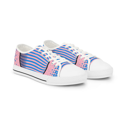 Zara Boltstrike luxury men's low top sneakers in vibrant blue with pastel pink pinstripes showcased by Dazzling Dreams Studio.