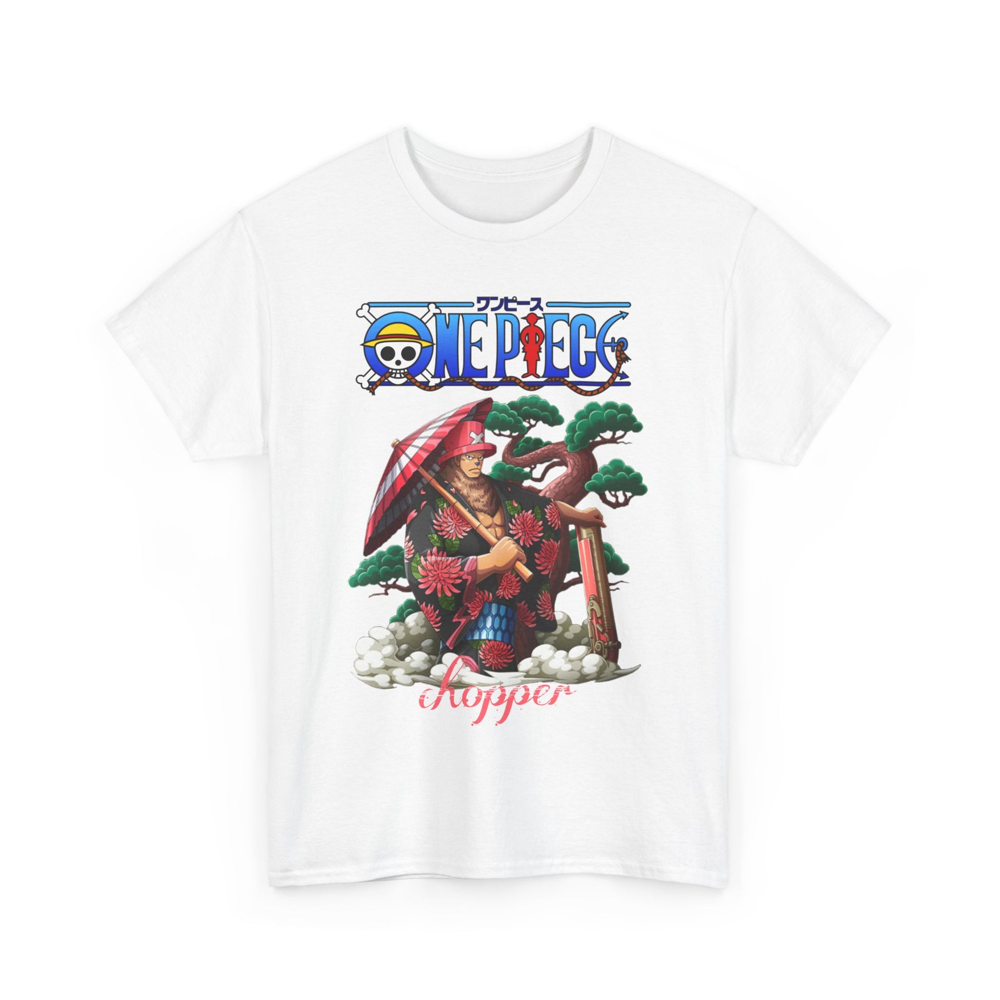 Stylish white t-shirt featuring Chopper from One Piece in a traditional Japanese kimono surrounded by vibrant flowers and trees with a striking red and white umbrella, showcasing a bold and creative anime-inspired design.