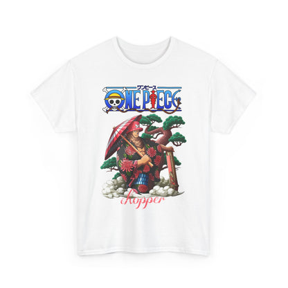 Stylish white t-shirt featuring Chopper from One Piece in a traditional Japanese kimono surrounded by vibrant flowers and trees with a striking red and white umbrella, showcasing a bold and creative anime-inspired design.