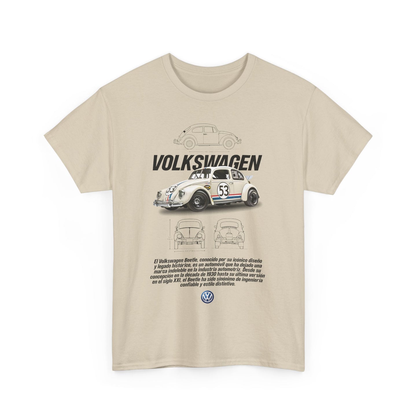 Refined beige t-shirt featuring a classic Volkswagen Beetle 53 illustration, blending nostalgia with modern style.