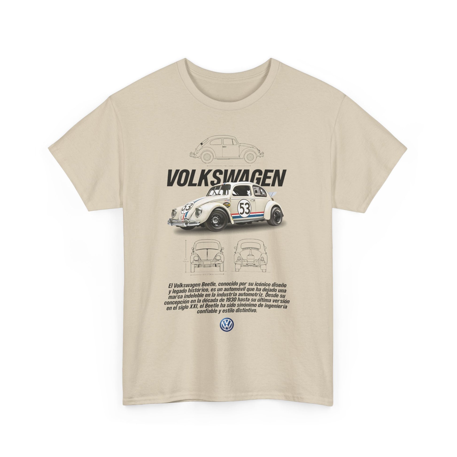 Refined beige t-shirt featuring a classic Volkswagen Beetle 53 illustration, blending nostalgia with modern style.