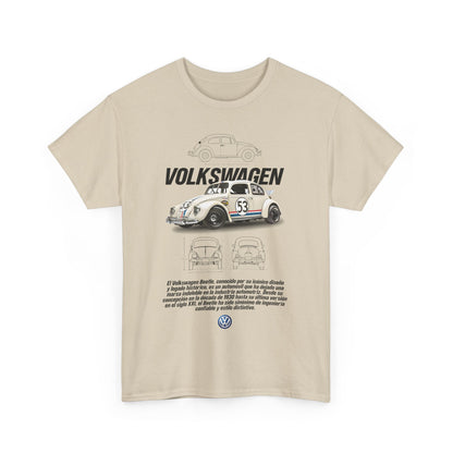 Front view of a luxury beige T-shirt featuring an artistic print of a Volkswagen Beetle with technical drawings, perfect for car enthusiasts.