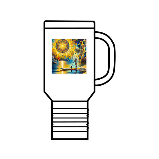 Luxury Fantasy Paddleboarding Insulated Travel Mug 40oz, showcasing a vivid design featuring a paddleboarder against a stunning colourful backdrop, crafted from premium stainless steel.