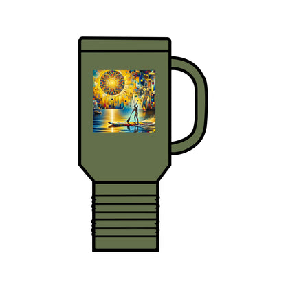 Chic Fantasy Paddleboarding Insulated Travel Mug 40oz in an olive green colour, featuring a captivating paddleboarding illustration, crafted from premium stainless steel for lasting performance.