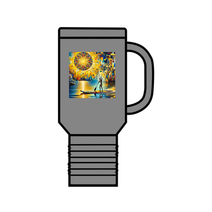 Elegant Fantasy Paddleboarding Insulated Travel Mug 40oz in a sleek grey finish, featuring a whimsical design of a paddleboarder, made from high-quality stainless steel for durability.