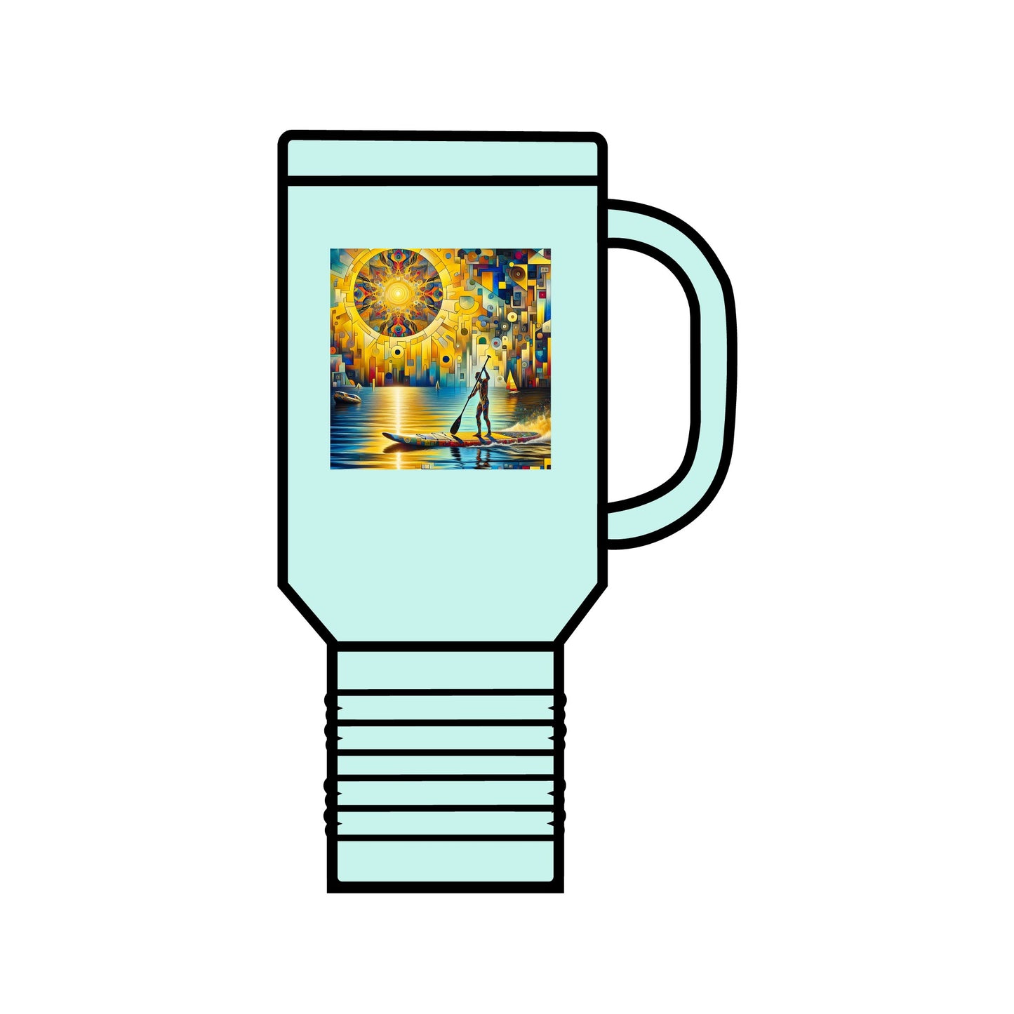 Fantasy Paddleboarding Insulated Travel Mug 40oz in chic light green, decorated with a captivating paddleboarding motif, designed for luxury performance and insulation.