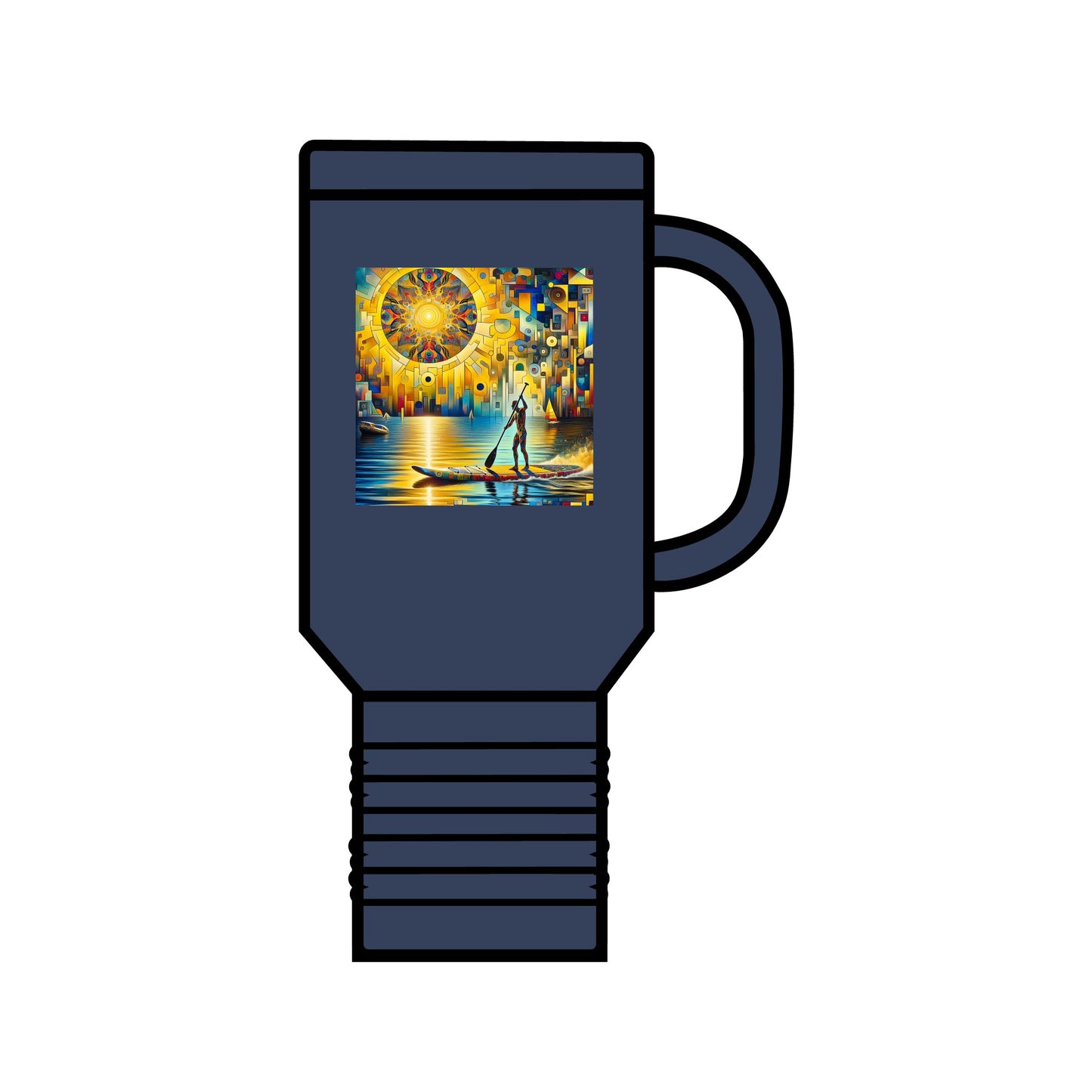 Stylish Fantasy Paddleboarding Insulated Travel Mug 40oz in a deep navy hue, adorned with a vibrant paddleboarding scene, made from robust stainless steel for superior insulation.