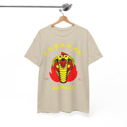 Elegant Cobra Kai T-shirt displayed on a hanger, accentuating the classic snake logo and stylish design, a must-have for martial arts aficionados.
