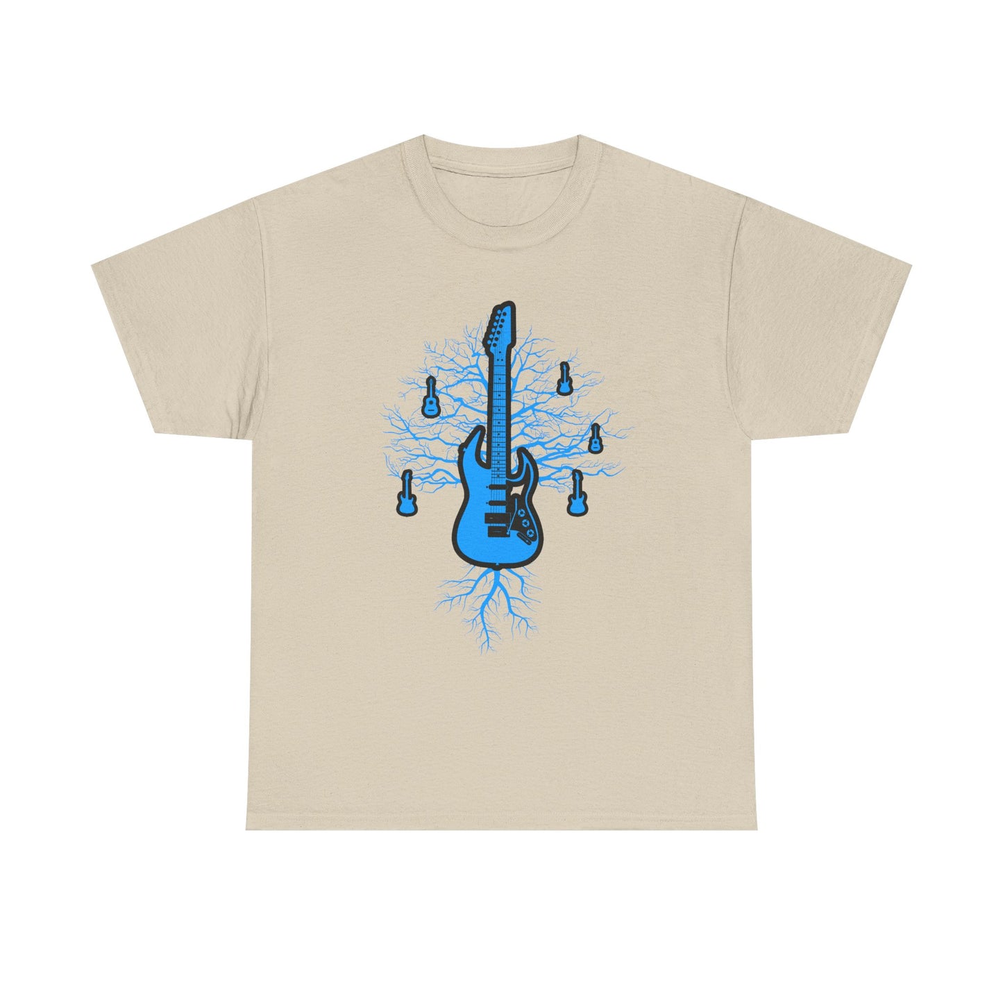 Chic beige t-shirt with a compelling blue electric guitar and tree roots graphic, an ideal masterpiece for musicians and nature lovers.