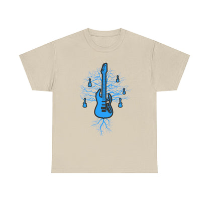 Chic beige t-shirt with a compelling blue electric guitar and tree roots graphic, an ideal masterpiece for musicians and nature lovers.