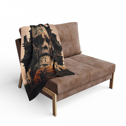 Stylish Decorative and Warm Halloween Spooky Arctic Fleece Blanket draped over a chic modern armchair.