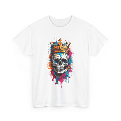 Stylishly crafted white t-shirt showcasing a meticulously designed skull with a majestic golden crown and vibrant paint splatters, embodying luxury and rebellious elegance.