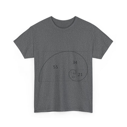 Fibonacci Spiral Space Tee featuring an intricate Fibonacci spiral design on a luxurious grey unisex shirt, perfect for style-savvy individuals.