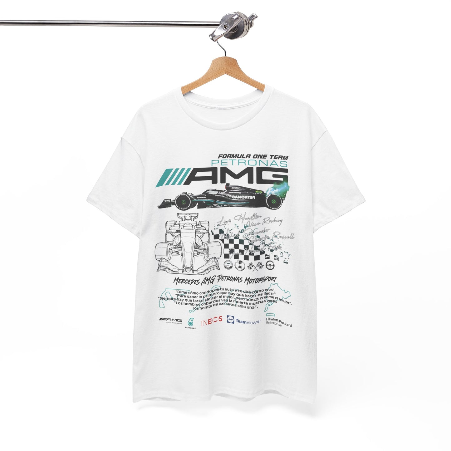 Stylish white Mercedes F1 Petronas t-shirt displayed elegantly on a hanger, showcasing premium graphics of race cars and inspirational quotes.