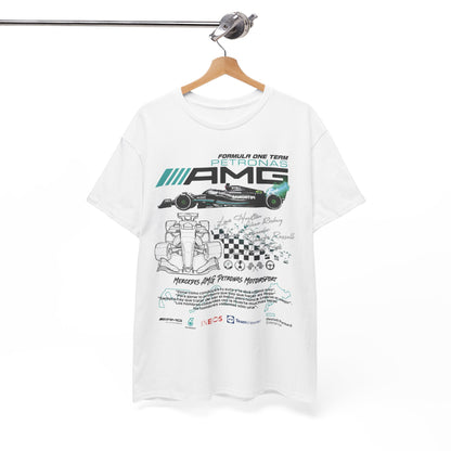 Stylish white Mercedes F1 Petronas t-shirt displayed elegantly on a hanger, showcasing premium graphics of race cars and inspirational quotes.