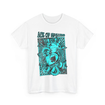 Sophisticated ACE OF SPADES Men's T-Shirt in white displaying an eye-catching turquoise graphic, combining elegance with a punk rock vibe.