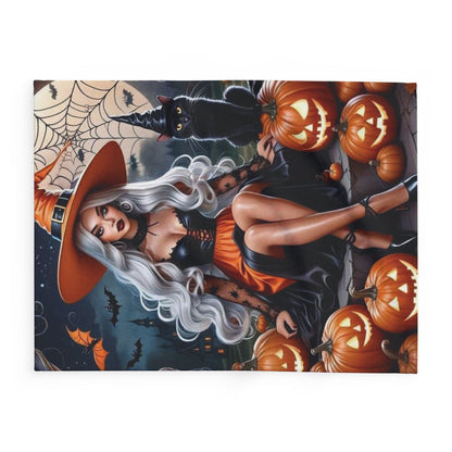 Elegant Decorative and Warm Halloween Spooky Arctic Fleece Blanket showcasing a fashionable witch with silver hair, amidst a backdrop of Halloween pumpkins and bats, perfect for seasonal decor.