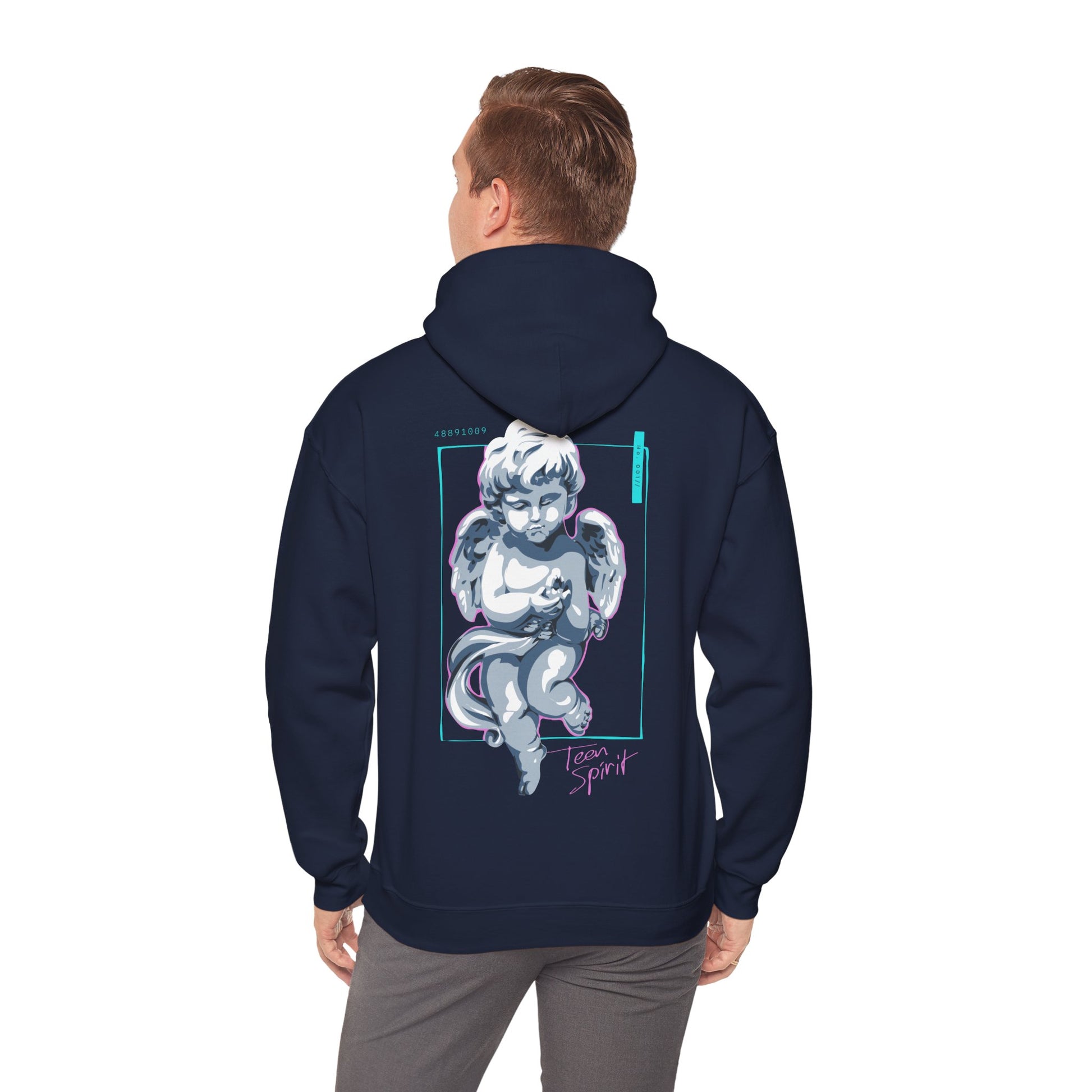 Sophisticated view of the Cherubic Angel hoodie on a model, highlighting the whimsical design of the cherubic angel on the back, perfectly blending fashion with artistic expression.