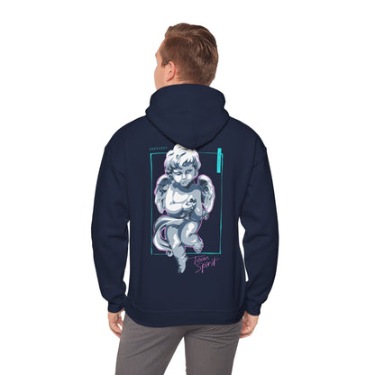 Sophisticated view of the Cherubic Angel hoodie on a model, highlighting the whimsical design of the cherubic angel on the back, perfectly blending fashion with artistic expression.