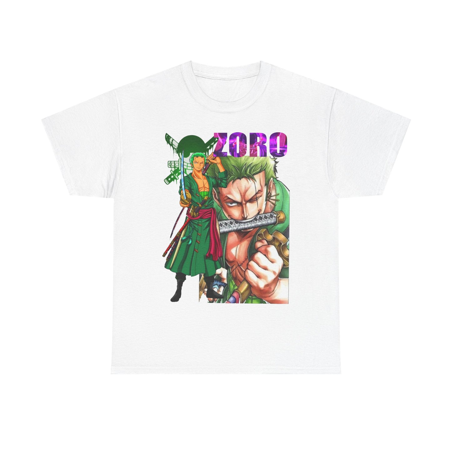 Elegant white Roronoa Zoro graphic t-shirt displaying a meticulously crafted image of Zoro in action, enhanced by striking colours and featuring bold lettering for a fashionable statement.
